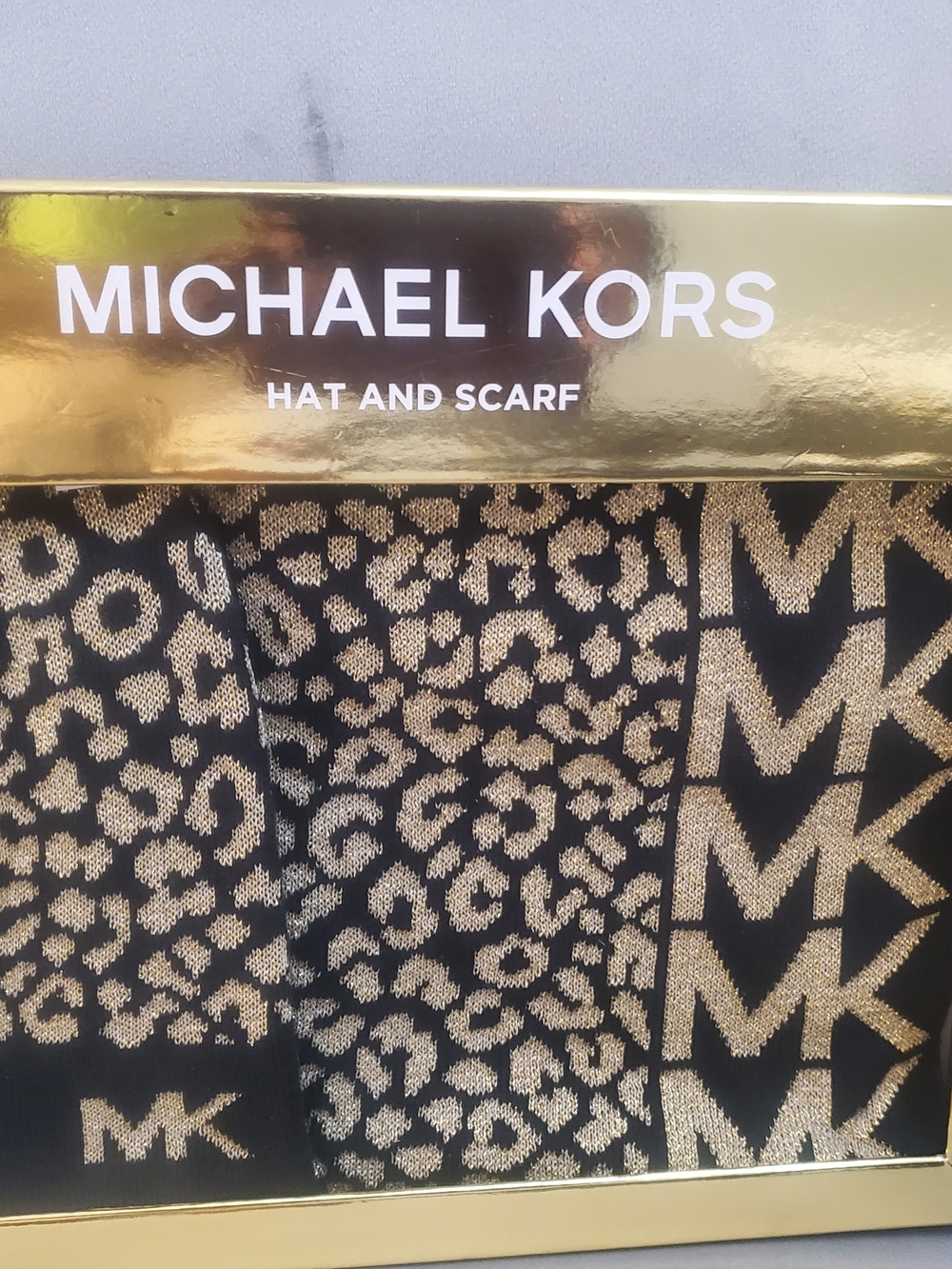 Michael Kors Black & Gold Leopard MK Logo Hat and Scarf Set